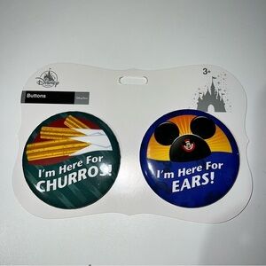 Disney Rare I'm Here For Churros and Ears Buttons Pins Vacations Souvenir Set
